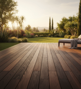 Elegancki, drewniany taras wykonany z egzotycznych desek tarasowych Ipe z widokiem na zadbany ogród o zachodzie słońca.