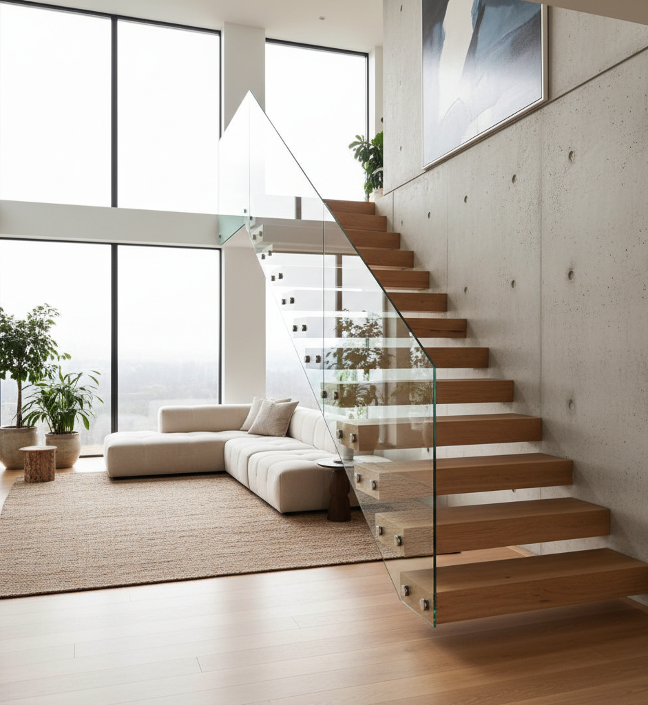 Nowoczesne schody drewniane wspornikowe wykonane z dębu, prowadzące na piętro w jasnym salonie.