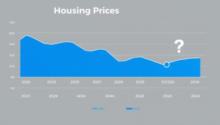 Wykres pokazujący trendy cen mieszkań w Polsce z zaznaczonym pytaniem kiedy spadną ceny mieszkań